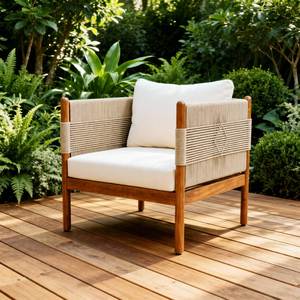 Chaise de jardin minimaliste en teck avec coussin en corde pour patio, hôtel ou cour - Product Image 1