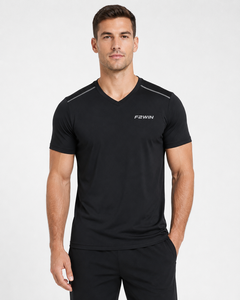 F2WIN Men's V-Neck Short Sleeve Quick Dry Casual Fleece Front Logo Regular Fit Black Knitted <b>Polyester</b> Wholesale Rate Breathable - Product Image 1