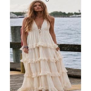 Bohemian A-Line Chiffon Maxi Dress Ruffles V-Neck Strapless Natural Waist Summer Women's Solid Color Party Embroidery - Product Image 3