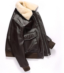 Blouson aviateur en cuir noir pour homme, col en fausse fourrure, multi-poches, veste de motard d'hiver, vêtement d'extérieur vintage tendance, unisexe - Product Image 3