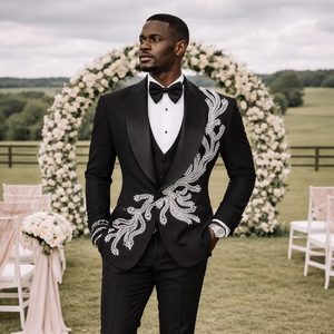 <b>Men</b>’s Black Designer Embroidered Wedding Tuxedo Jacket – Slim Fit Shawl Lapel Blazer with White Crystal Floral Work for <b>Groom</b> - Product Image 1