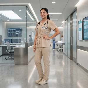 Conjunto de Uniforme Médico Personalizado para Mujer, de Algodón Tejido, Cuello en V, Cierre de Cremallera, Mangas Plegadas, Cinturón, Ropa de Trabajo para Enfermería, OEM - Product Image 5