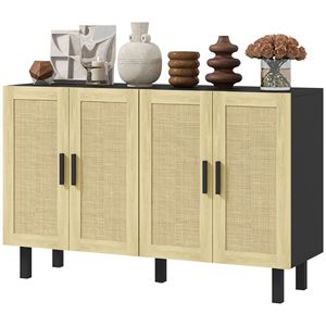 Credenza Nera e Naturale in Rattan Stile Boho con 4 Ante e Ripiani Regolabili per Sala da Pranzo di Villa - Product Image 1