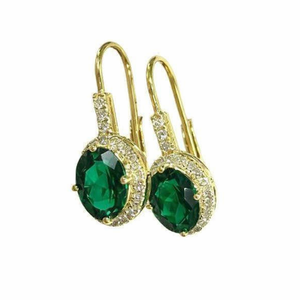 Pendientes de Aro con Halo de Diamantes Naturales y Esmeralda Verde de Corte Ovalado de 3.50 Ct, con Cierre de Palanca, en Oro de 14K, Pendientes de Piedras Preciosas - Product Image 6