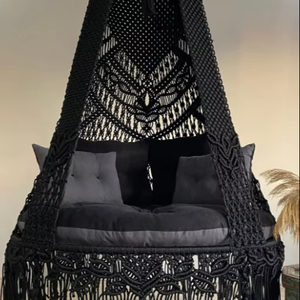 Black Macrame Hanging <b>Swing</b> Chair: Indoor Outdoor Decor - Product Image 1