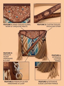 Sac à bandoulière pour femme avec fermeture éclair, orné de strass géométriques, style cowgirl, avec garniture en cuir et pompon - Product Image 3