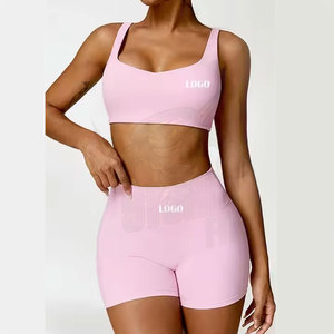 <b>Pink</b> 2 Piece Yoga Set Square Neck <b>Crop</b> <b>Top</b> High Waist Shorts Seamless Breathable Activewear Women's Fitness Clothing - Product Image 1