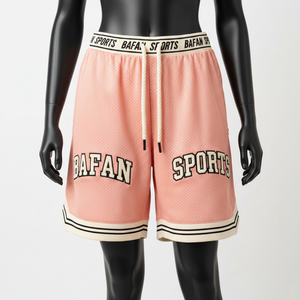 Shorts de baloncesto para mujer, premium, transpirables, de malla de poliéster, cintura elástica color melocotón, con logo bordado aplicado. - Product Image 6