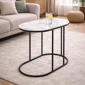 Mesa auxiliar contemporánea de mármol blanco con diseño ovalado minimalista y base delgada de acero - Product Image 4