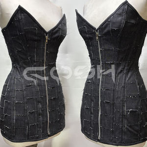 Vestido corsé de mezclilla negro con patchwork para mujer, minivestido ajustado con cremallera frontal |   Top estilo grunge Y2K - Product Image 3
