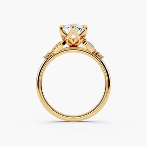 Anillo de compromiso de oro macizo de 14K con diamante de corte ovalado cultivado en laboratorio, inspirado en la naturaleza, con piedra lateral de hoja floral, moderno, para mujer, de 6 puntas, fino. - Product Image 5