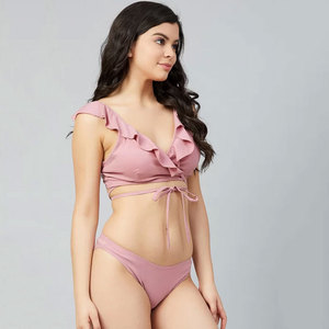 Ensemble bikini deux pièces pour femme, haut à volants col en V profond, bas hipster, maillot de bain rose uni, extensible en Spandex et Nylon - Product Image 4