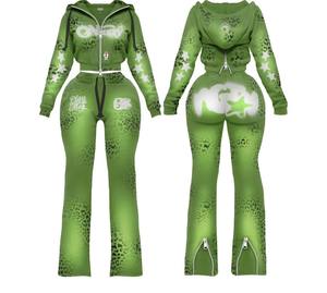 Conjunto de Sudadera con Capucha y Pantalones Acampanados de Moda para Mujer, con Lavado Ácido Personalizado, Manga Larga, Chaqueta con Cremallera y Pantalones Acampanados, Conjunto de Dos Piezas para Descansar - Product Image 2