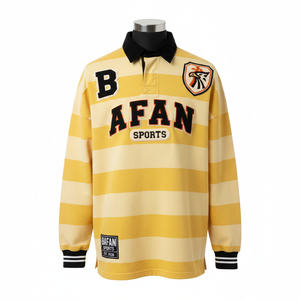 เสื้อรักบี้ผู้ชายผ้าฝ้าย GSM หนานุ่ม สีเหลืองครีม ลายทางถัก ปักลายปักโลโก้แบบกำหนดเอง สำหรับเสื้อโปโล - Product Image 1