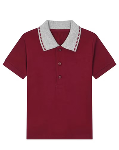 Burgundy Short Sleeve Polo Shirt Solid Color Knitted Casual Design for Boys - Product Image 6