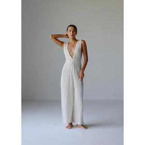 Elegant White Deep V Neck Sleeveless Wide Leg Jumpsuit For <b>Women</b> Pleated Backless Summer <b>Romper</b> - Product Image 6