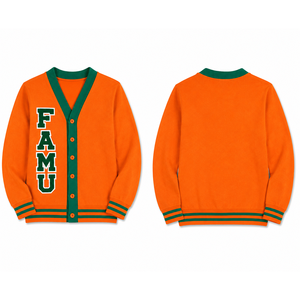 Cardigan universitaire FAMU à col en V, orange et vert, broderie en chenille, couleurs contrastées, décontracté, toutes saisons, pull HBCU - Product Image 4