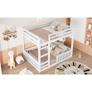 White Full Over Full <b>Wood</b> <b>Bunk</b> <b>Bed</b> with Ladder and Guardrails for Kids Expected Arrival on 7.3 - Product Image 4