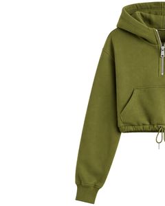 Sudadera con capucha corta de forro polar verde oliva con cremallera de un cuarto, bolsillo canguro, dobladillo con cordón ajustable, estilo casual urbano, cálida, para mujer - Product Image 2