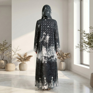 Ensemble Abaya ouverte en tissu jacquard Premium Chicago Butti, couleur unie, grande taille, en polyester, avec hijab assorti, style islamique modeste - Product Image 2