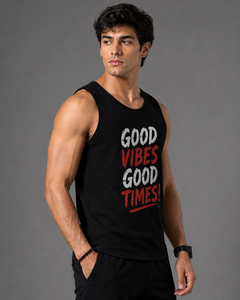 Débardeur noir pour homme Good Vibes Good Times, col rond, style décontracté, 100% polyester tricoté, séchage rapide, style urbain - Product Image 3