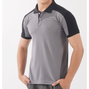 Polo pour homme à blocs de couleur, manches courtes, tricoté, séchage rapide, décontracté, gris uni et noir - Product Image 1