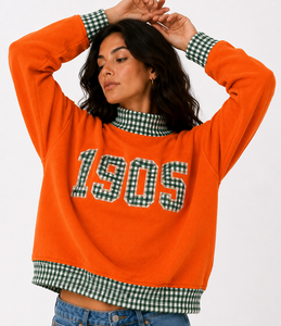 Sweat-shirt à col roulé grande taille pour femme 1905, imprimé personnalisé, patchwork à carreaux et pois, épaules tombantes, pull décontracté en tissu éponge, OEM - Product Image 1