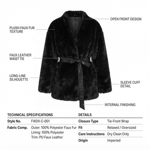 Manteau long élégant en fausse fourrure avec ceinture, col en V, manches longues, vêtement d'extérieur d'hiver, couleur unie, épais et moelleux pour femme - Product Image 5