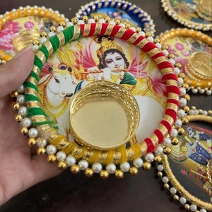 Handcrafted Lord Krishna and Holy Cow Decorative Tealight Candle <b>Holder</b> Traditional Gota Patti and Silk Thread Embellished - Product Image 1