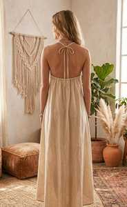 Robe longue d'été sans manches en lin pour femme, col en V, style bohème, unie, brodée, écologique, lavable, idéale pour la plage et les vacances - Product Image 3