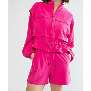 <b>Women</b> Track Suit 2 Piece Solid Color Windbreaker Windproof <b>Jacket</b> With Pocket and Adjustable Cinch and Shorts - Product Image 3