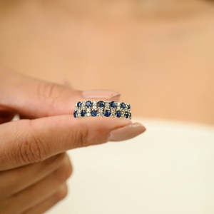 18K Gold Natural Cluster Sapphire and <b>Diamond</b> Half Eternity Wedding Band for Women - Product Image 5