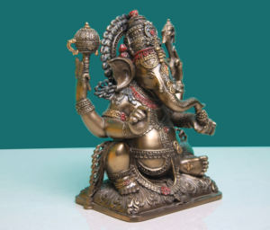 Estatua de Metal con Acabado de Bronce Antiguo de Ganesha Sentado, Dios Hindú, Loto Decorativo, Dios Elefante del Éxito, Hecho a Mano - Product Image 2