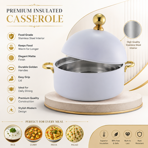 Casserole isotherme à double paroi en acier inoxydable blanc de qualité supérieure avec poignées dorées, bol de service alimentaire pour cuisine domestique - Product Image 5