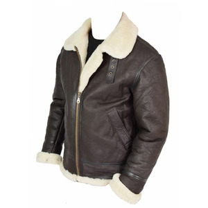 Veste d'aviateur en cuir véritable marron pour homme avec doublure en fausse fourrure, fermeture éclair, style moto hiver - Product Image 4