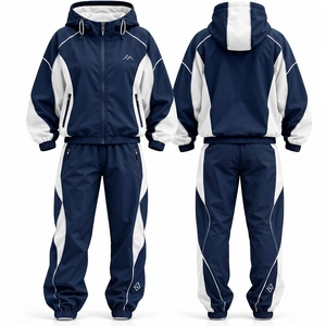 Unisex <b>Navy</b> White Color Tracksuit Hooded Zipper Full Sleeve Windproof Regular Fit Polyester Jogging Set - Product Image 2