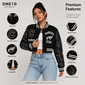 Custom Logo Women's Cropped Varsity Jacket Black Sheep <b>Skin</b> Sleeves Applique Detail Covered Button <b>Short</b> Fit Anti-Wrinkle - Product Image 2