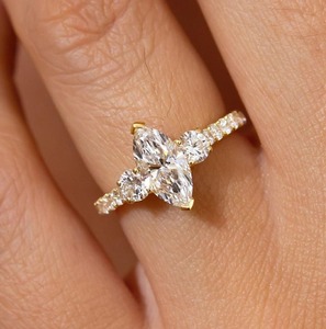 Marquise & Round Cut Lab Grown <b>Diamond</b> <b>Ring</b> 2.55 CT 14K Yellow Gold Trilogy Three Stone Half Eternity Engagement <b>Ring</b> - Product Image 6
