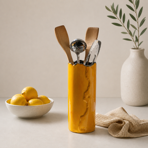 Tall Ceramic Utensil Holder Glossy Marble Vein Glaze Handcrafted Kiln <b>Fired</b> Durable Heat Safe Kitchen Counter Organizer - Product Image 1