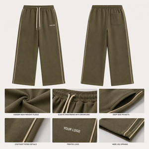 Custom <b>Men's</b> Olive Green Wide Leg Sweatpants With Side Stripe Elastic Waist Drawstring Casual <b>Pants</b> Custom Logo <b>Men's</b> Sweatpants - Product Image 5