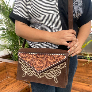 Custom Modern Design Hand Tooled Boot Stitch Genuine Suede Leather Crossbody Flap Bags for Women Cowhide Floral Portable Handbag - Product Image 3