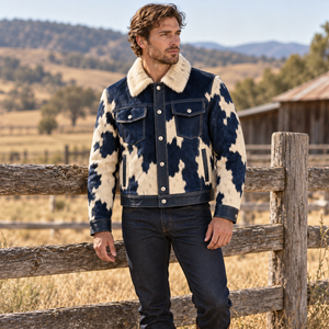 Chaqueta de Cuero Vacuno para Hombre con Botones Frontales, Estilo Western con Parches, Cuello de Felpa, Estilo Vaquero Corto, Ropa Exterior Retro Casual a la Moda - Product Image 5
