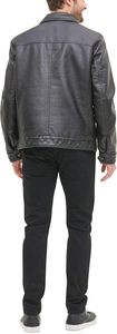 Blouson moto homme slim fit en cuir PU, col rabattable, fermeture éclair, noir uni, longueur standard, pour l'automne - Product Image 5