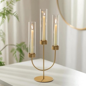 Golden Brass Candle Stand with Three <b>Glass</b> Tubes for Home Decoration At Affordable Price - Product Image 1