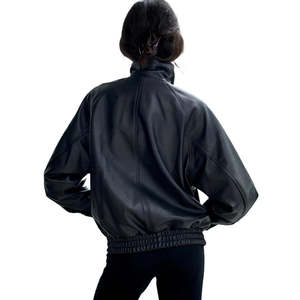Oversized Women's Black <b>Leather</b> Jacket Genuine Cowhide High Neck Moto Streetwear Bomber Coat Winter Solid Zipper Windproof - Product Image 3