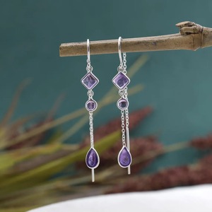 Natural Amethyst Cabochon 925 <b>Sterling</b> <b>Silver</b> Rhodium Plated Handmade Vintage Christian Wedding Threader Bezel <b>Set</b> Women - Product Image 3