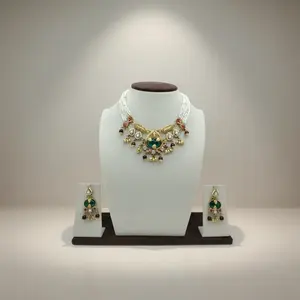 Handcrafted <b>Pearl</b> Kundan <b>Necklace</b> <b>Set</b> with Emerald Green Stone and Classic Indian Earrings - Product Image 2