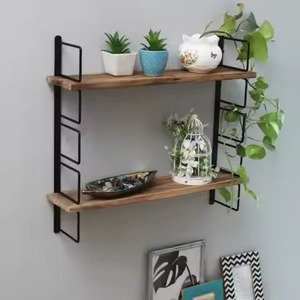 Industrial Style <b>Wall</b> Mounted Wooden <b>Shelf</b> Set Double Tier Iron Frame Storage Rack for Living Room Home Decoration <b>Wall</b> Shelve - Product Image 1