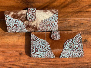 Nueva Venta caliente pelo hecho a mano en piel tallado cuero embrague mujeres diseñador occidental turquesa en relieve elegante funda de teléfono carteras - Product Image 2