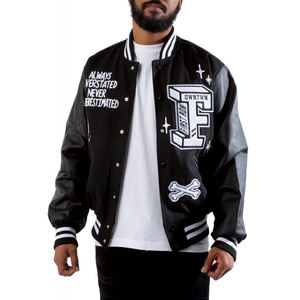 แจ็คเก็ตเบสบอลแบบวาร์ซิตี้สำหรับผู้ชาย สไตล์วินเทจ สีดำ สำหรับฤดูหนาว  แบบคอตั้ง  ปักโลโก้ด้านหน้า  ผ้าขนสัตว์  รับผลิตตามสั่ง (OEM) ขายส่ง - Product Image 1